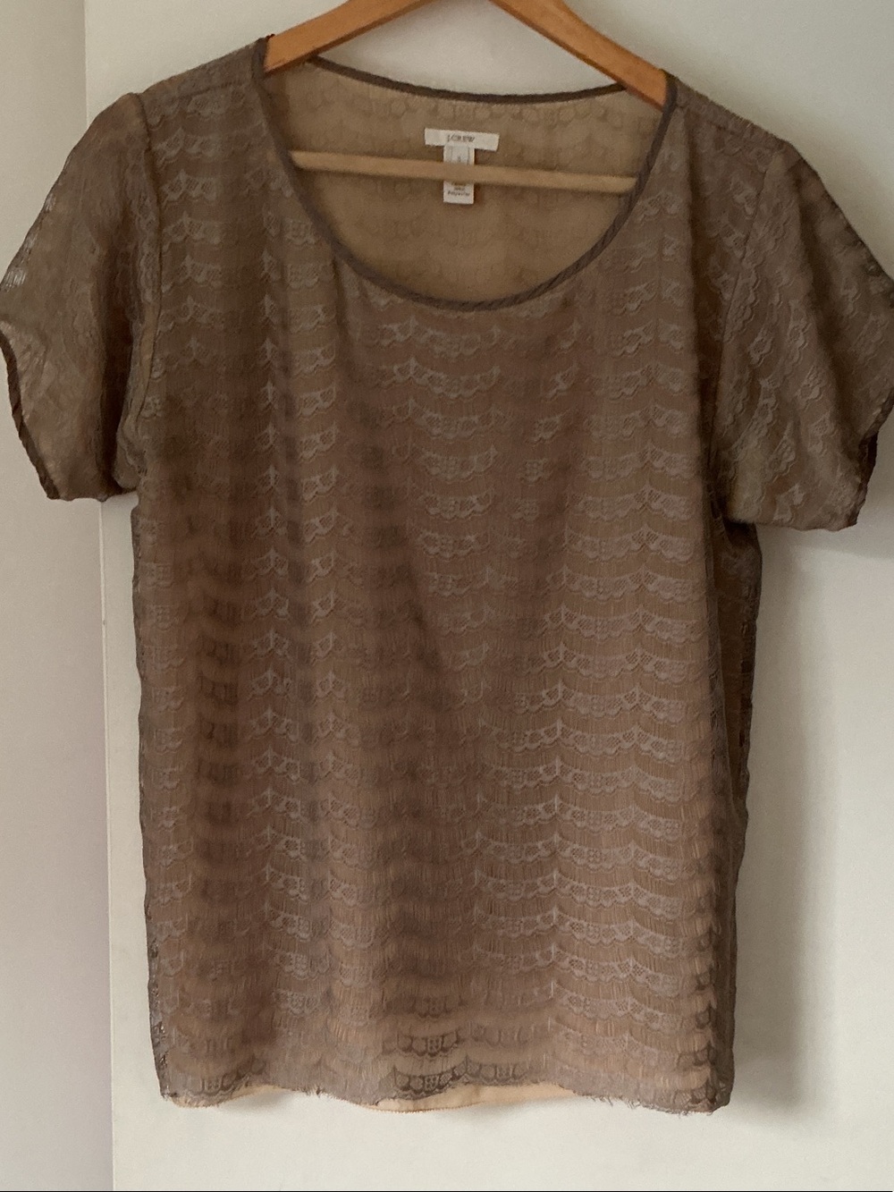 J. Crew Taupe Lace Overlay Short Sleeve Blouse